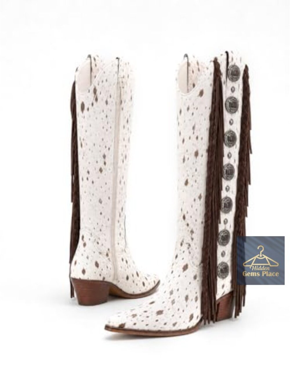 Cow Print Knee High Boots Pointed Toe Chunky Heel Fringe Western Cowgirl Boots - Picture 3 of 6